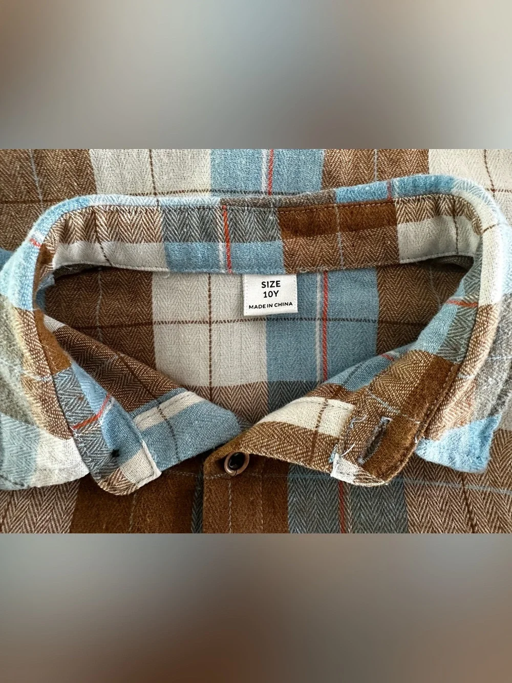 Boys Brown Blue Cream Plaid Button Down Flannel Shirt Size 10Y